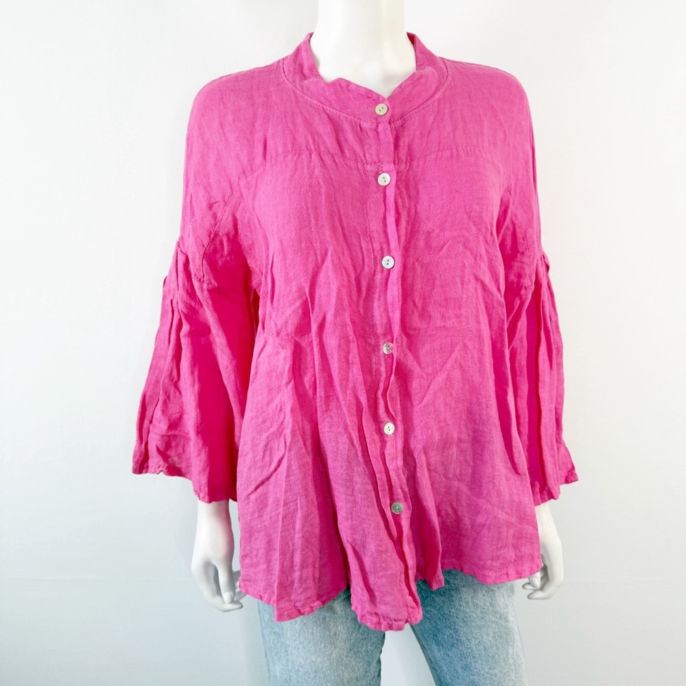 SAGA Hot Pink Linen Shirt Top Size S Long Sleeve Button Up Summer Lagenlook